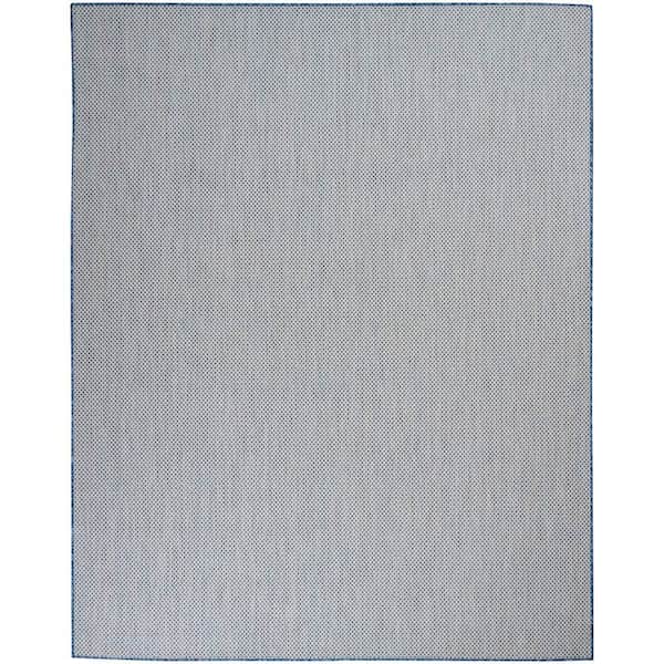 Courtyard Ivory Blue 9 ft. x 12 ft. Geometric Contemporary Indoor/Outdoor Patio Area Rug