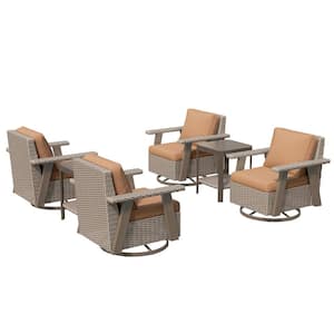 6-Piece Wicker 4-seat Outdoor Patio Conversation Set with Tan Cushions, 4 Swivel Chairs, and 2 Side Table