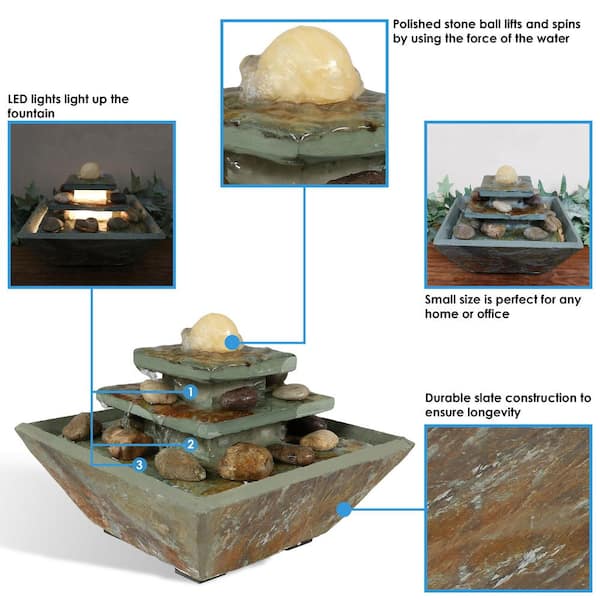 Sunnydaze Ascending Slate Tabletop Water Fountain Feature with LED Light 8" 