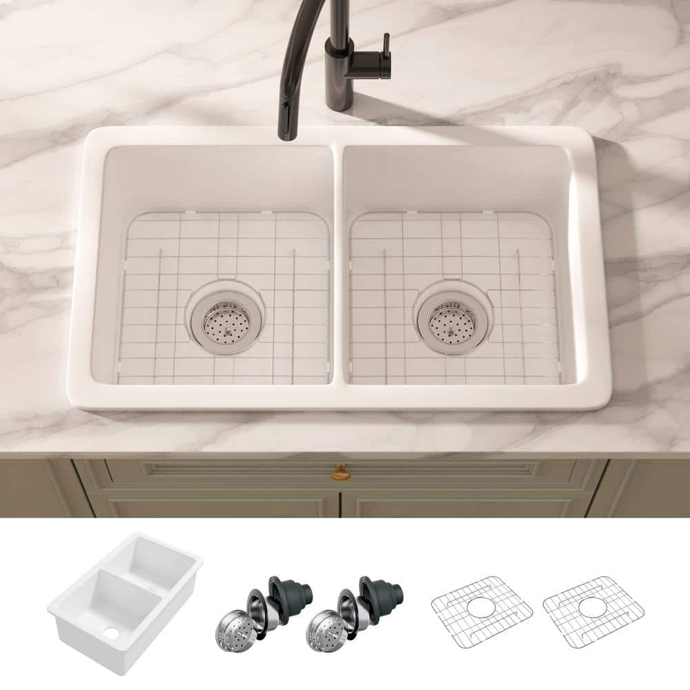 Oslo 32" White Fireclay Double Bowl Drop-In Kitchen Sink