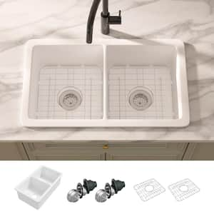 Oslo 32 in. Drop-In/Undermount Double Bowl Fireclay Kitchen Sink in Crisp White with Botton Grid and Basket Strainer