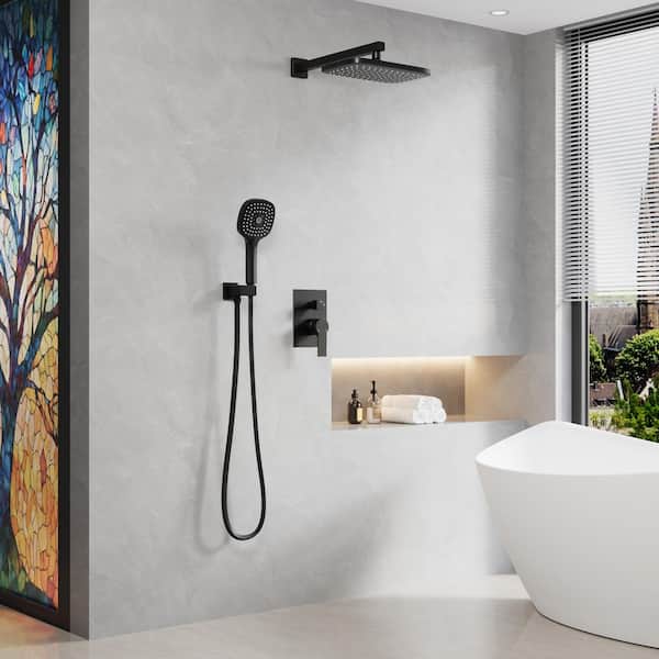 2-Spray Patterns with 2.5 GPM 12 in. Wall Mount Dual Shower Heads with Hand Shower in Matte Black