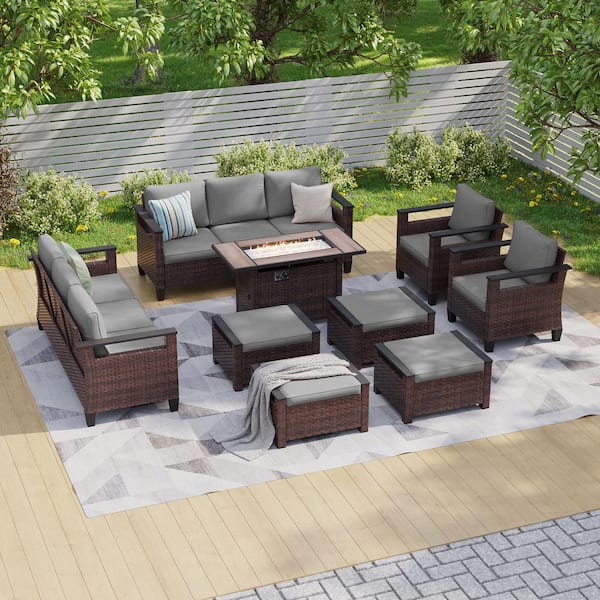 Sonkuki 9 Pieces Brown Wicker Gray Cushion Patio Conversation Set with Rectangle Firepit Table and Ottomans