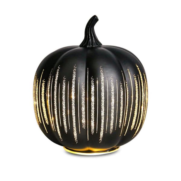 9.7 in. Halloween Black Glass Pumpkin Ornament with Glowing Gold Stripes and Built in LED Lights for Spooky-Chic Decor