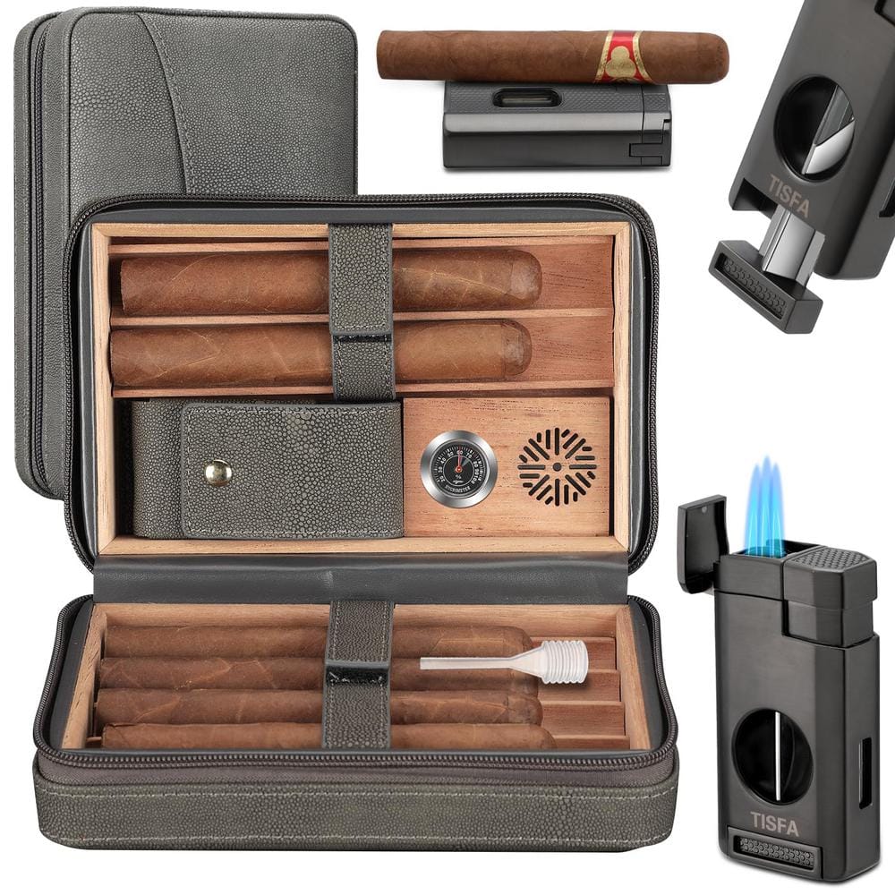 5.2 in. x 2.9 in. Stone Gray Cigar Humidor Portable Leather Cedar Wood Ciga