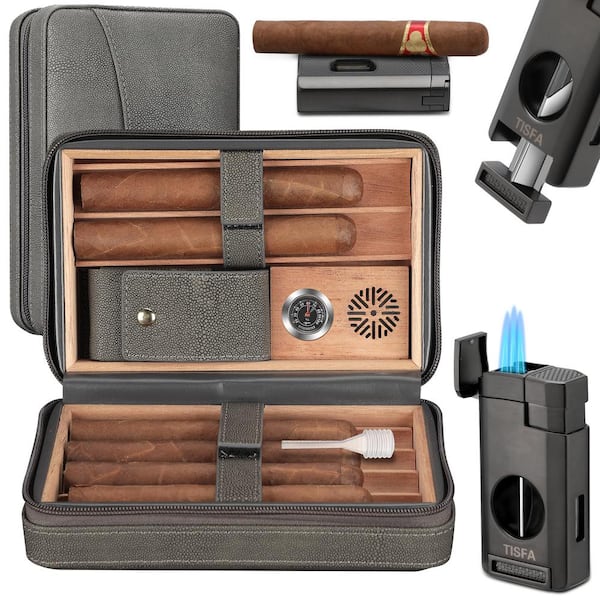 5.2 in. x 2.9 in. Stone Gray Cigar Humidor Portable Leather Cedar Wood Cigar Case with Cigar Lighter Cigar Cutter