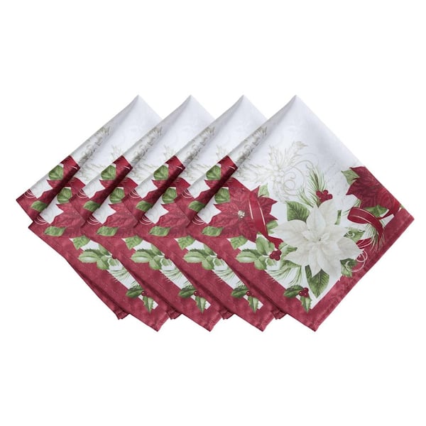 Threadmade Home Clarette Poinsettia Holiday Fabric Napkins, Set of 4, Rose - 17"W x 17"L