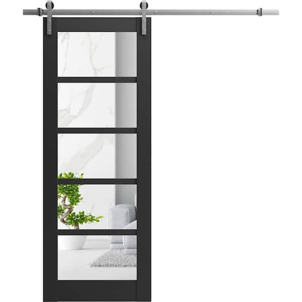 36 in. x 84 in. 1 Panel Clear Glass Black Matte Solid MDF Sliding Barn Door with Hardware Kit