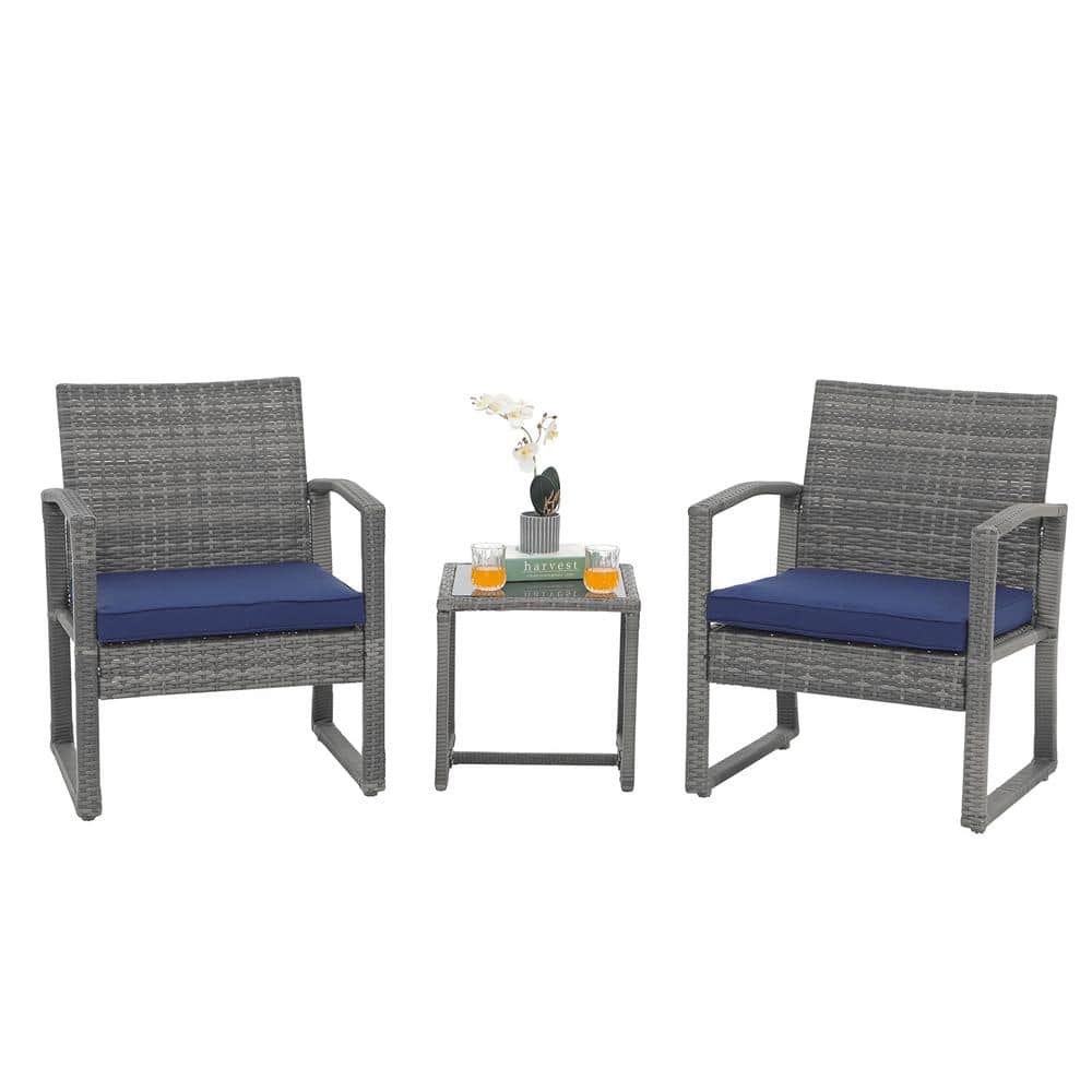 Gray 3-Piece Wicker Outdoor Bistro Set with Navy Blue Cushions