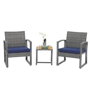 Gray 3-Piece Wicker Outdoor Bistro Set with Navy Blue Cushions