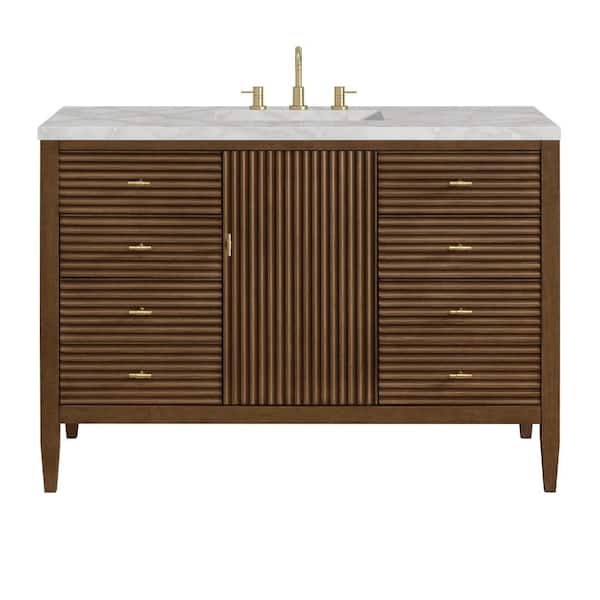 James Martin Vanities Myrrin 48.0 in. W x 23.5 in. D x 34.06 in. H Single Bathroom Vanity Mid-Century Walnut and Victorian Silver Quartz Top