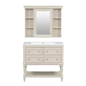 36 in. W x 18 in. D x 34 in. H Single Sink Freestanding Bath Vanity in Beige with White Resin Top and Mirror Cabinet