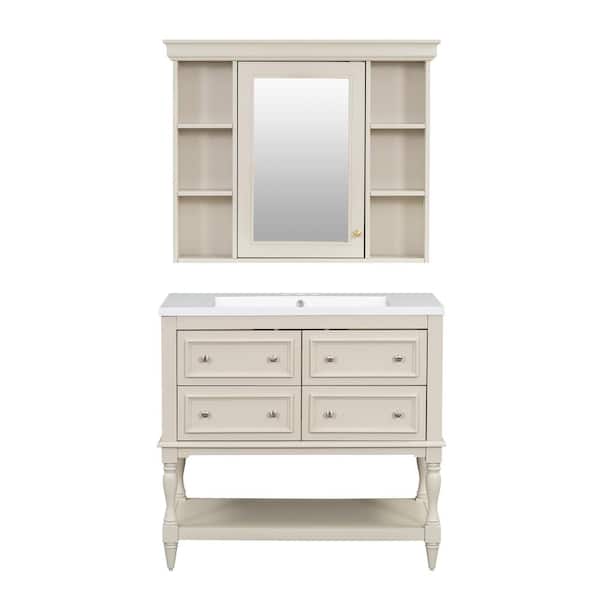 Zeus & Ruta 36 in. W x 18 in. D x 34 in. H Single Sink Freestanding Bath Vanity in Beige with White Resin Top and Mirror Cabinet