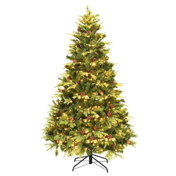 ANGELES HOME 7 ft. Green Pre-Lit Artificial Christmas Tree with LED Lights and Pine Cones