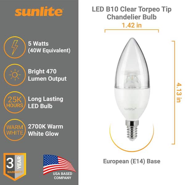 Sunlite 40-Watt Equivalent B10 Dimmable European E14 Base Clear Torpedo Tip  Chandelier LED Light Bulb in 2700K (3-Pack) HD03366-3 - The Home Depot