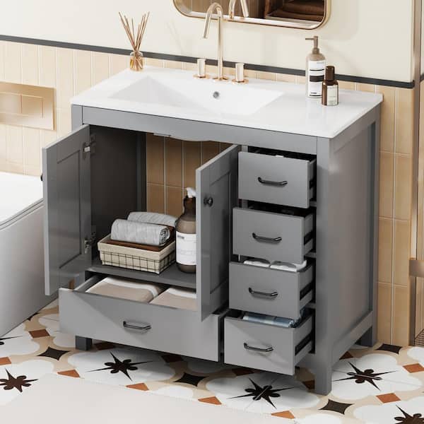 36 in. Freestanding Gray Bath Vanity with White Ceramic Top and 5 Drawers and Door Bathroom Storage Cabinet Unassembled