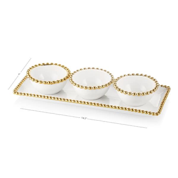 C T Classic Touch White Porcelain 3 Bowl Relish Dish with Gold Beaded Design