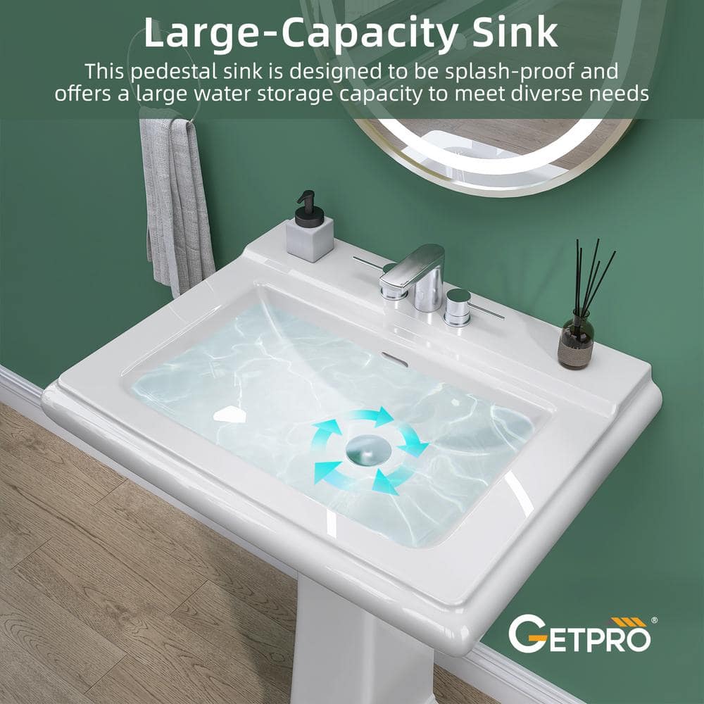 White Rectangular Ceramic Pedestal Sink with Overflow