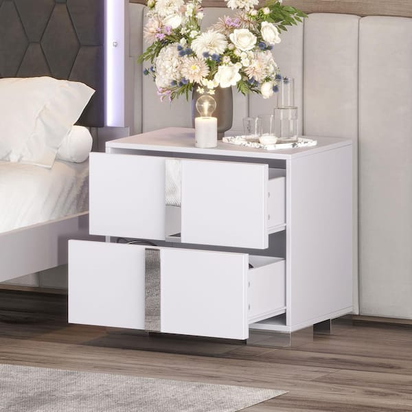 Elegant Wood Nightstand with Metal Handle Mirrored Bedside Table with 2 Drawers White