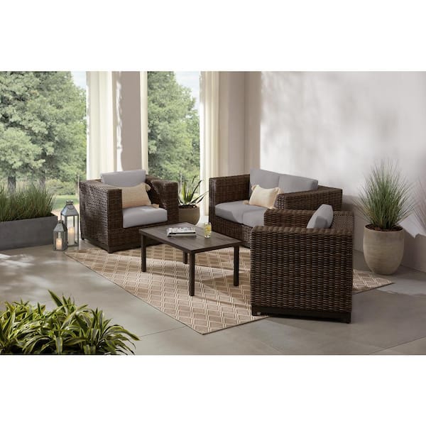 Hampton Bay Fernlake 4-Piece Brown Wicker Outdoor Patio Deep Seating Set with CushionGuard Stone Gray Cushions