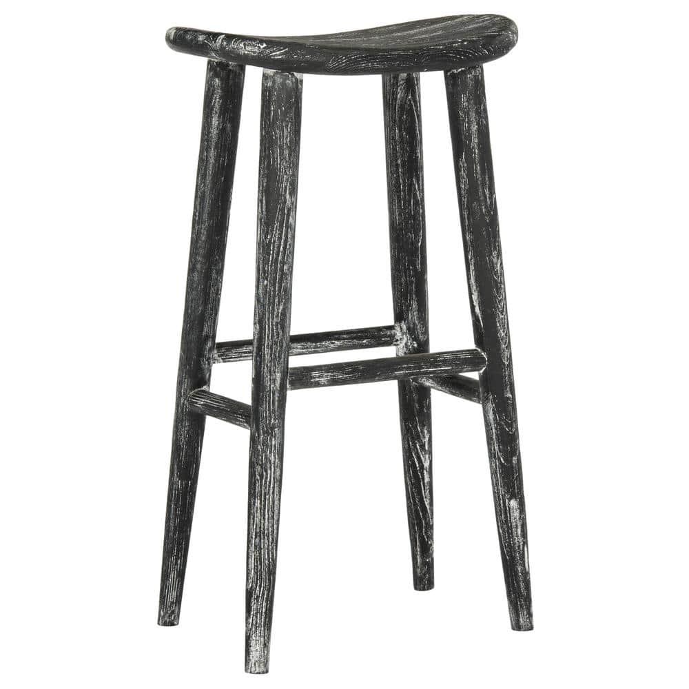 Transitional Black Wood Saddle Bar Stool, 18" W x 31" H