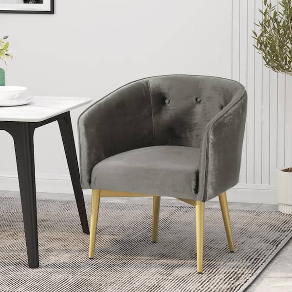 Noble House Bellbrook Gold Metal Legs and Gray Velvet Tufted Dining Chair