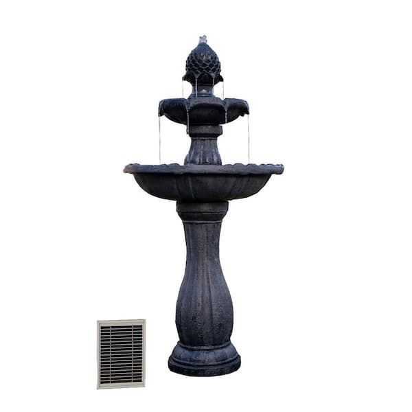 Xbrand 44 in. H Black Fiberglass/Resin 2-Tier Solar Water Fountain w/ Solar Panel and Auto-Shut Off Pump