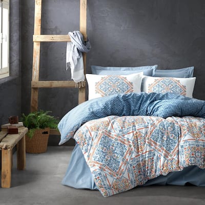 Blue Pattern Duvet Cover Set, Queen Size Duvet Cover, 1-Duvet Cover, 1-Fitted Sheet and 2-Pillowcases, Hypoallergenic