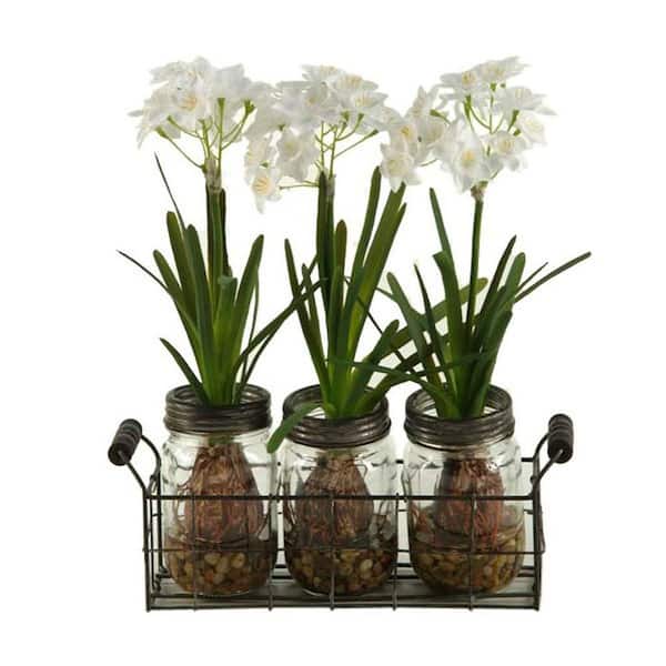 14 in. White Indoor Artificial Assorted Flowers Paper Whites in Glass Jars in Metal Holder