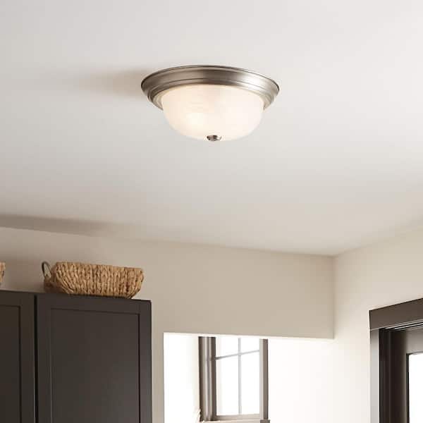 Independence 13.25 in. 2-Light Brushed Nickel Traditional Hallway Flush Mount Ceiling Light with Alabaster Swirl Glass