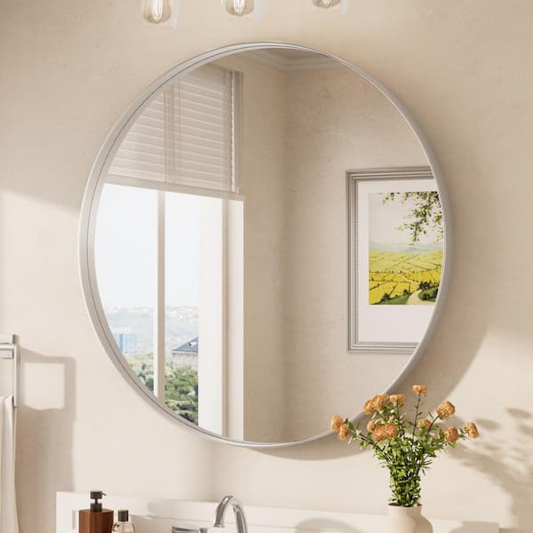 36 in. W x 36 in. H Medium Round Aluminum Framed Modern Wall Mounted Bathroom Vanity Mirror in Brushed Nickel