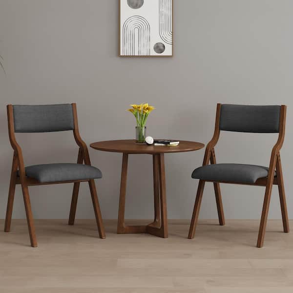 Noble House Gabriel Modern Dawn Grey and Walnut Fabric Upholstered Folding Dining Chair, Solid Wood Frame (Set of 2)