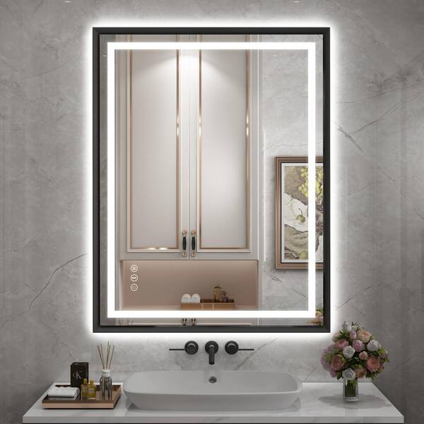 Hpeytaire 36 in. W x 28 in. H Rectangular Aluminum Slope Framed Backlit Front Light Wall LED Bathroom Vanity Mirror in Matte Black