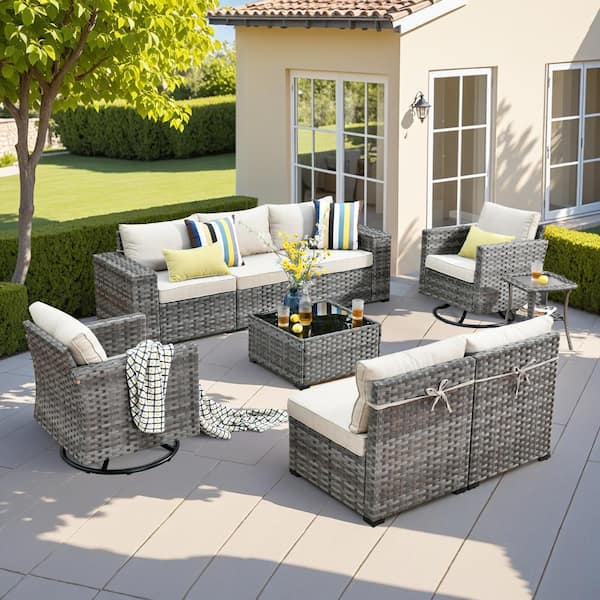 HOOOWOOO Howell 9-Piece Wicker Outdoor Furniture Patio Conversation Sofa Set with Swivel Rocking Chairs and Beige Cushions