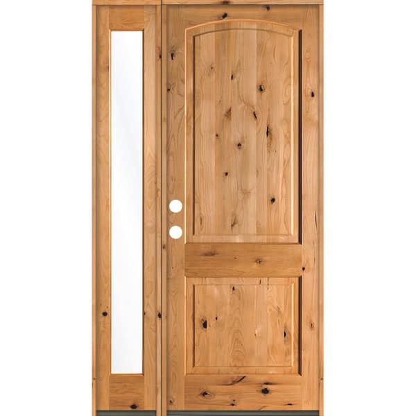 50 in. x 96 in. Knotty Alder 2-Panel Right-Hand/Inswing Clear Glass Clear Stain Wood Prehung Front Door w/Left Sidelite