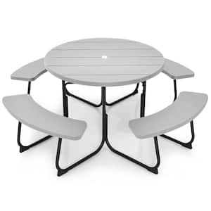 75 in. Gray Round Metal Picnic Tables Seating Capacity 8-Person with Bench Set and Umbrella Hole