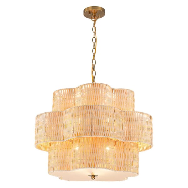 24 in. 6 Light Bronze Tier Shape Woven Natural Rattan Shade Chandelier for Living Room Foyer with No Bulb Included