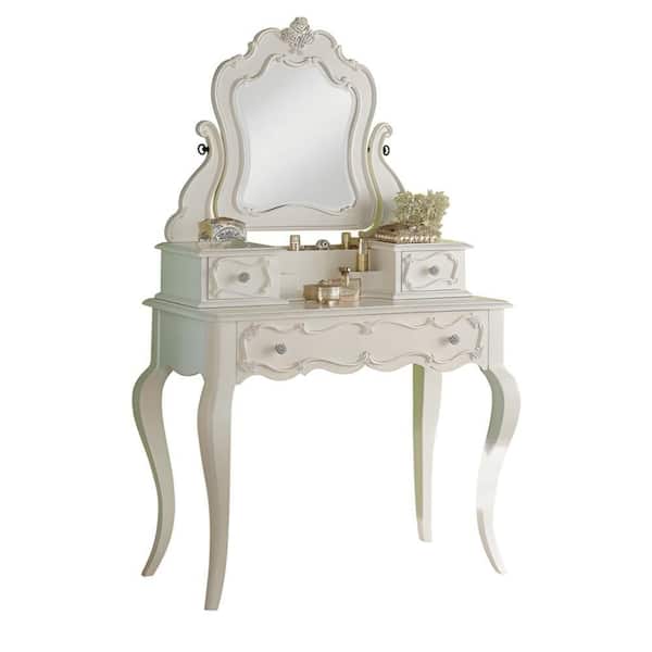 Benjara 1-Piece White Makeup Vanity Desk with Mirror and Drawer