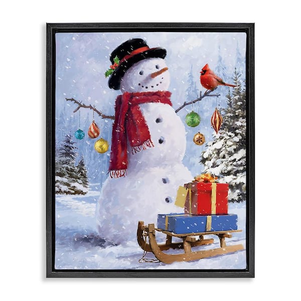 Stupell Industries Snowman with Gift Sled by Jason Kirk 1-Piece Floater Frame Graphic Print Nature Poster Art Print 21 in. x 17 in.