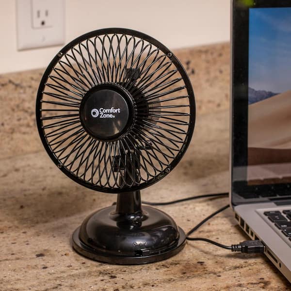 Comfort Zone 5 In Oscillating Desk Fan With Dual Battery And Usb Power In Black Cz5usbbk The Home Depot