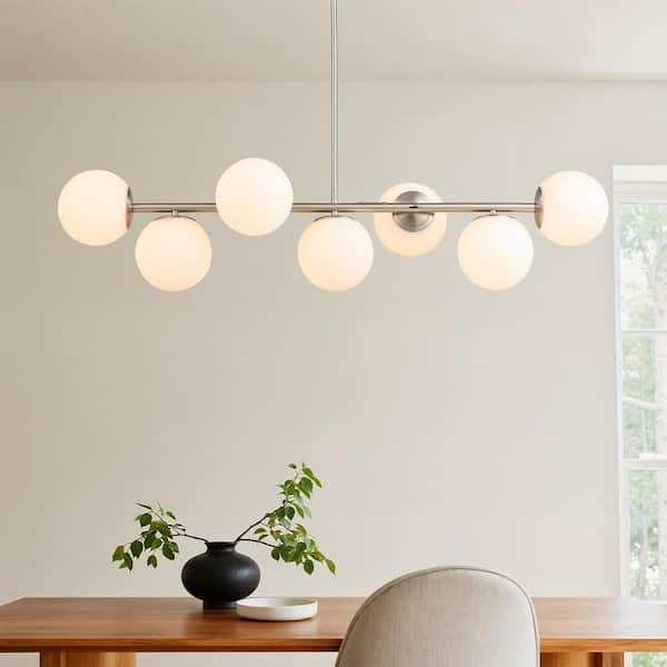 7-Light Brushed Nickel Pendant Design Linear Chandelier with Frosted Glass Shades for Dining Room with No Bulbs Included