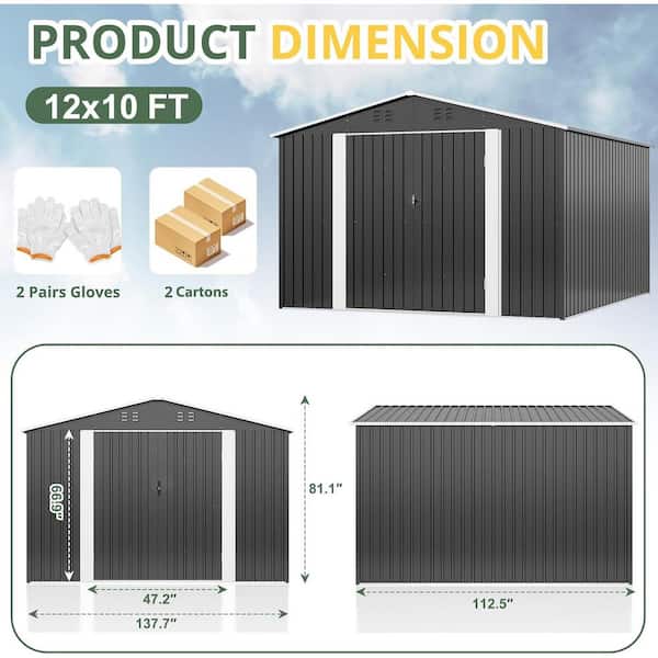VIWAT 12 ft. W x 10 ft. D Outdoor Metal Shed Storage with Updated