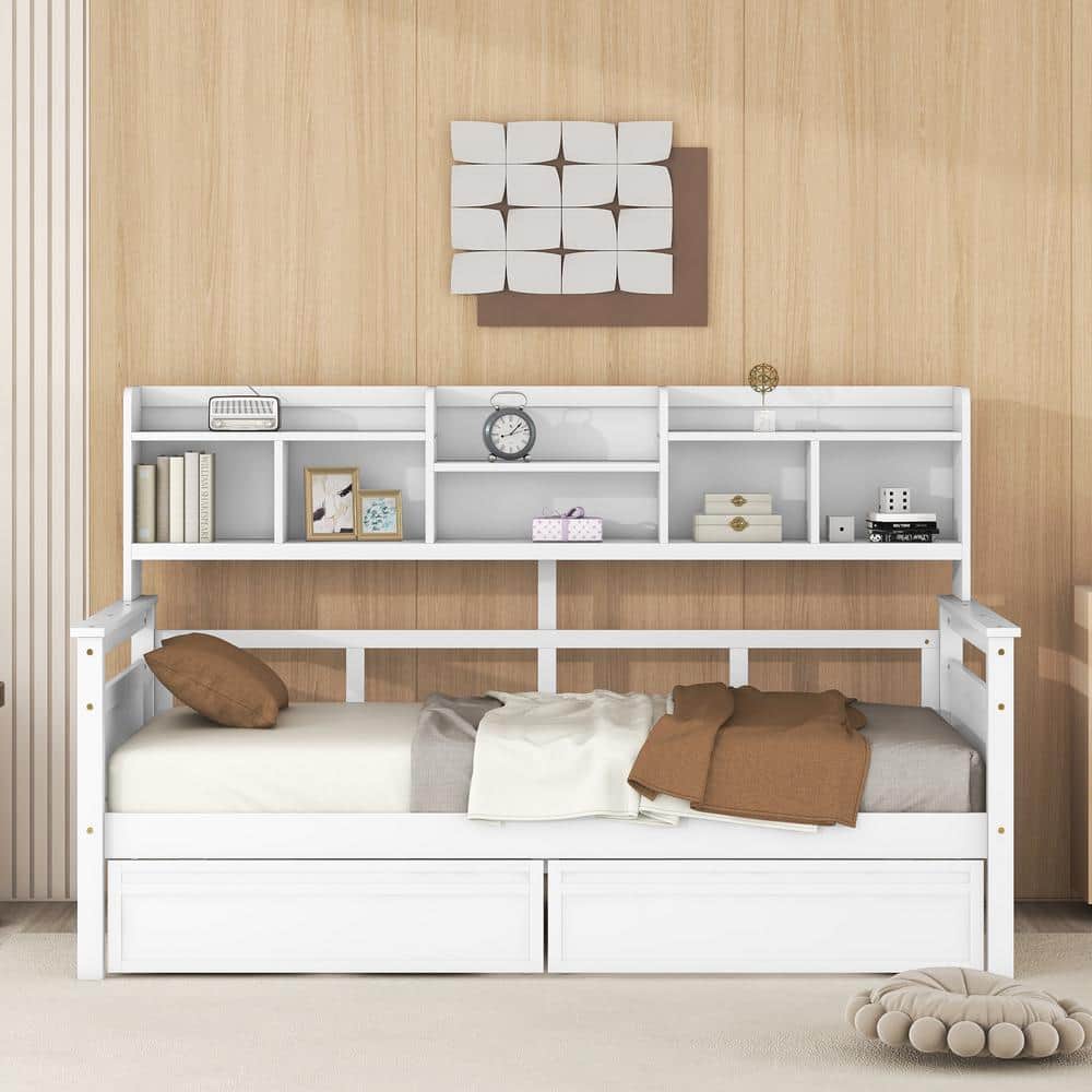 Harper & Bright Designs White Twin Size Wood Daybed with Bedside