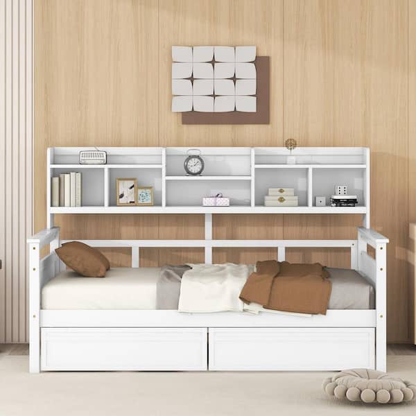 Harper & Bright Designs White Twin Size Wood Daybed with Bedside Shelves and 2-Drawers