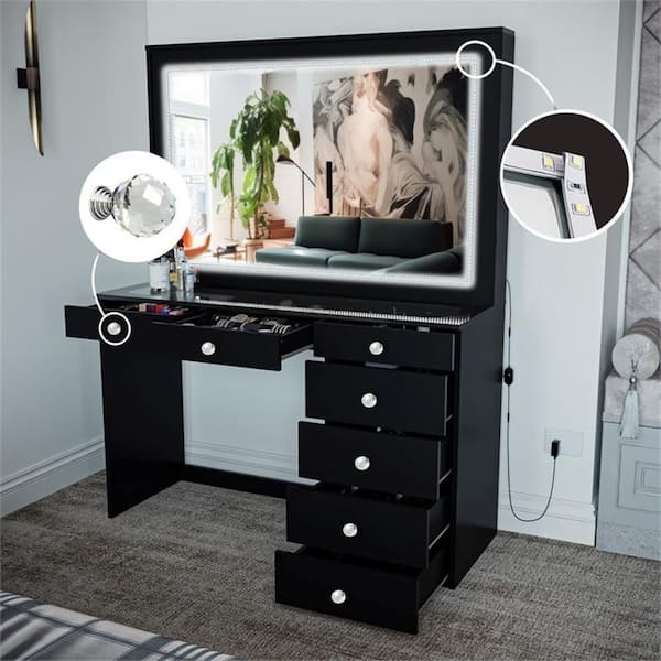 Theia Black Finish, 7 Drawers 57 in. W Dresser with Mirror