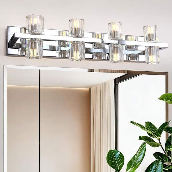 27.56 in. 8-Light Chrome Modern Vanity Light Wall Sconces with Clear Glass Shade for Living Room Bedroom