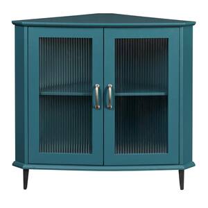 33.62 in. W x 18.62 in. D x 30.98 in. H Blue Linen Cabinet with Fluted Glass Doors in Teal Blue