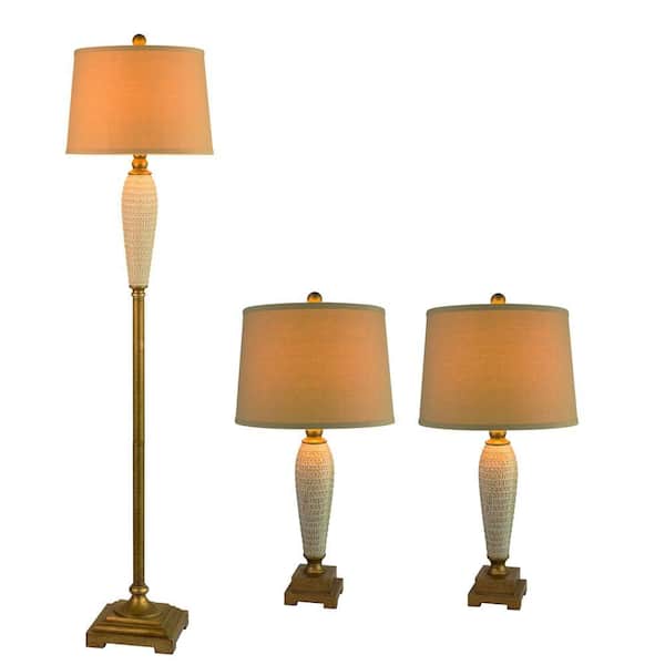 Fangio Lighting 63 in. 3-Piece Antique Gold Metal and Ivory Ceramic Lamp Set