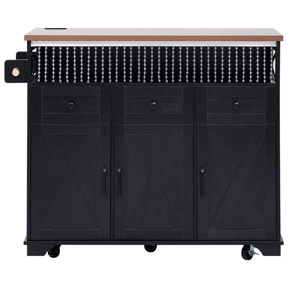 46.5 in. Black Kitchen Cart on Wheels with Drape of Beads, Drop Leaf, Internal Iron Shelf, 3 Doors and 3 Drawers price history on PriceWatchPro