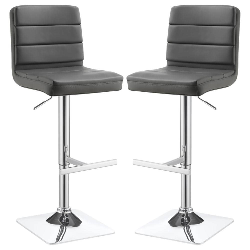 Gray Faux Leather Adjustable Bar Stools with Chrome Base, Set of 2